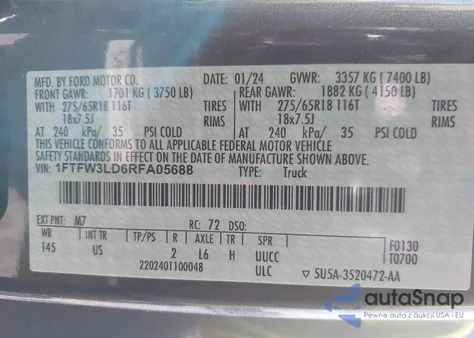 2024 Ford F-150 Xlt z USA, uszkodzony, nr VIN 1FTFW3LD6RFA05688